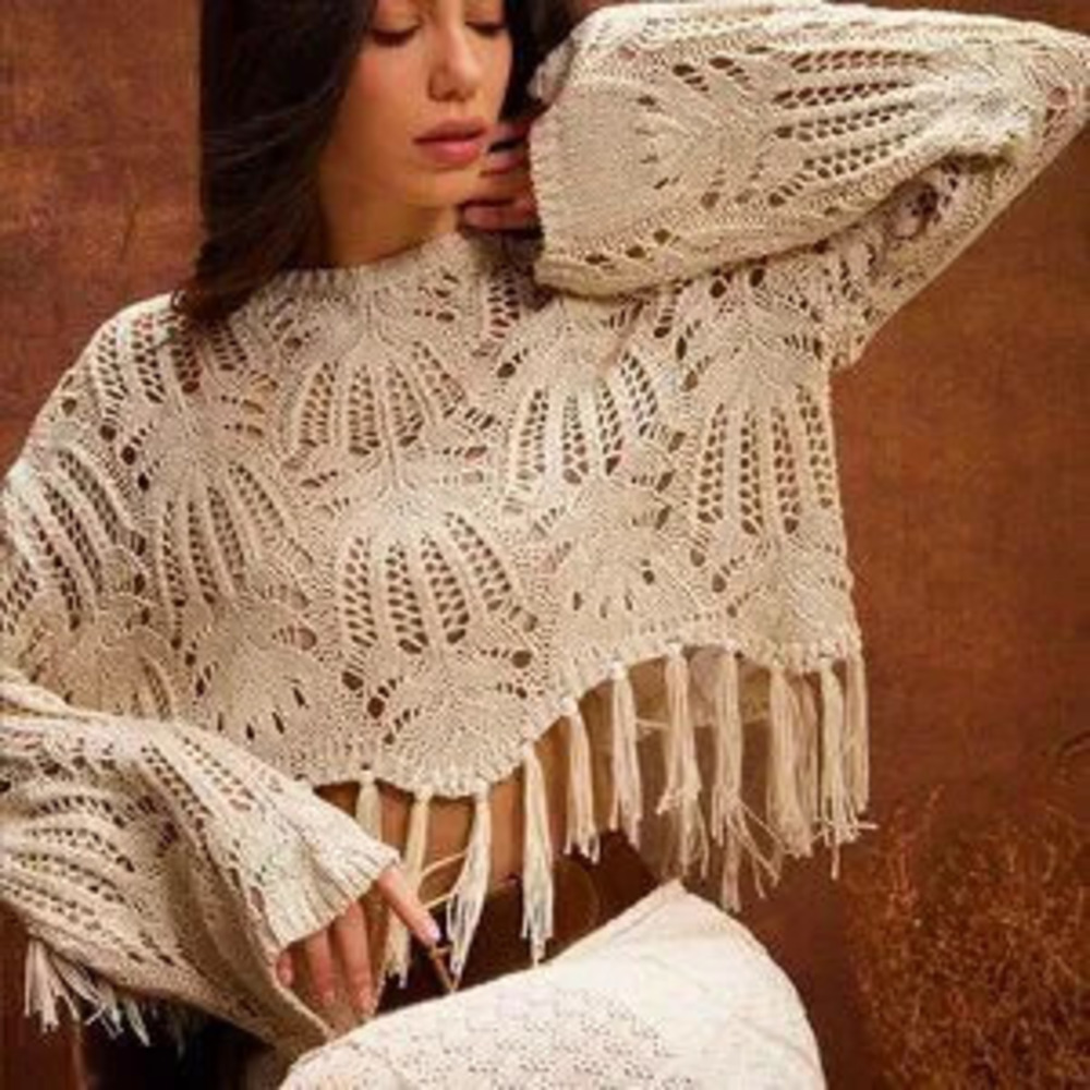 Beige Boho Casual Women's Open Knit Long Sleeve Tassel Fringe Sweater top